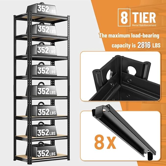 8 Tier Storage Shelves, Shelving Unit Load 2816LBS, Garage Shelving Adjustable - Image 4