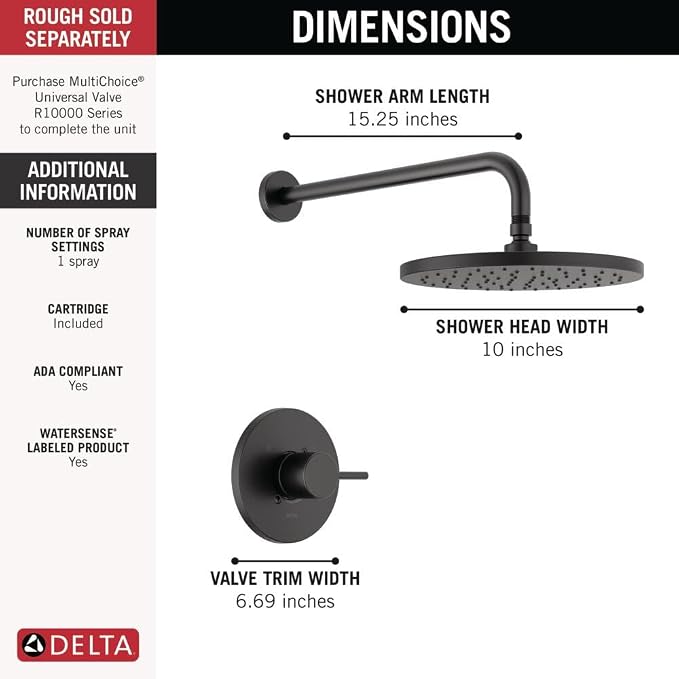 Delta Modern 14 Series Round Rain Shower Faucet Set, Matte Black Shower Head - Image 3