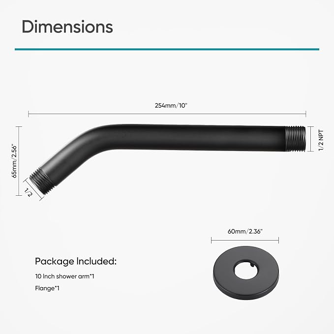 Cobbe Shower Arm with Flange and Teflon Tape, 10-Inches Wall Mounted Shower - Image 7