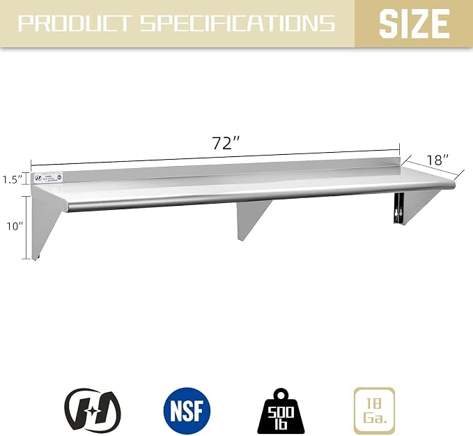 HALLY SINKS & TABLES H Stainless Steel Shelf 18 x 72 Inches, 500 lb, Commercial - Image 3