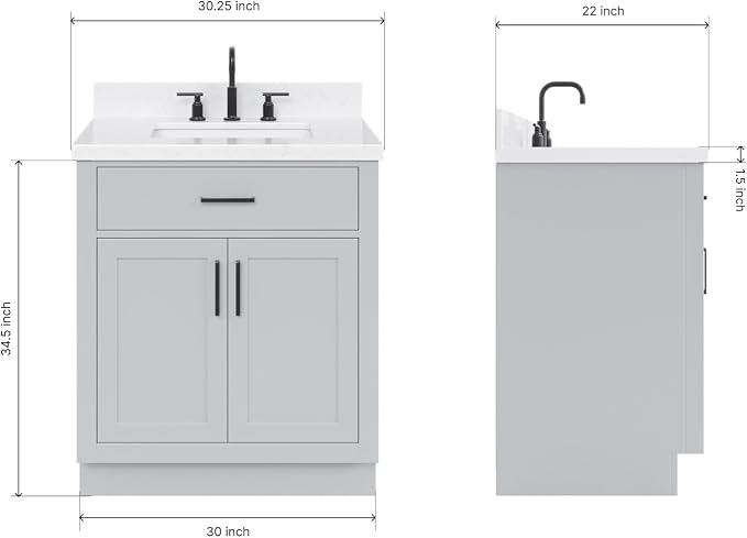 ARIEL 30" Bathroom Vanity with Sink, Carrara White Quartz Top 1.5" Edge - Image 2