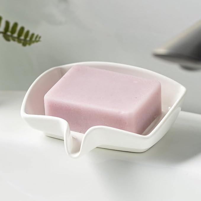 Soap Dish with Waterfall Design, Ceramic Soap Holder Self Draining Bar Soap by LAUCHUH