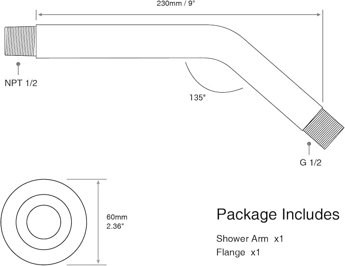 9 Inch Angled Shower Arm Brushed Nickel, Curved Shower Head Pipe - Image 7
