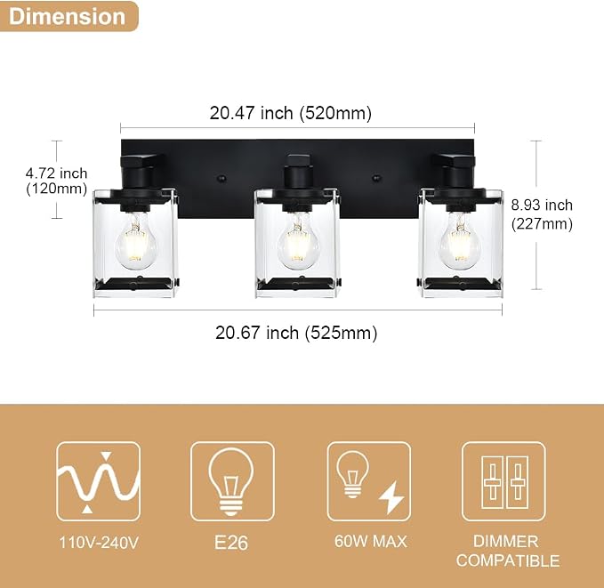 3-Light Black Bathroom Light Fixture Over Mirror, Vanity Wall Lighting - Image 5