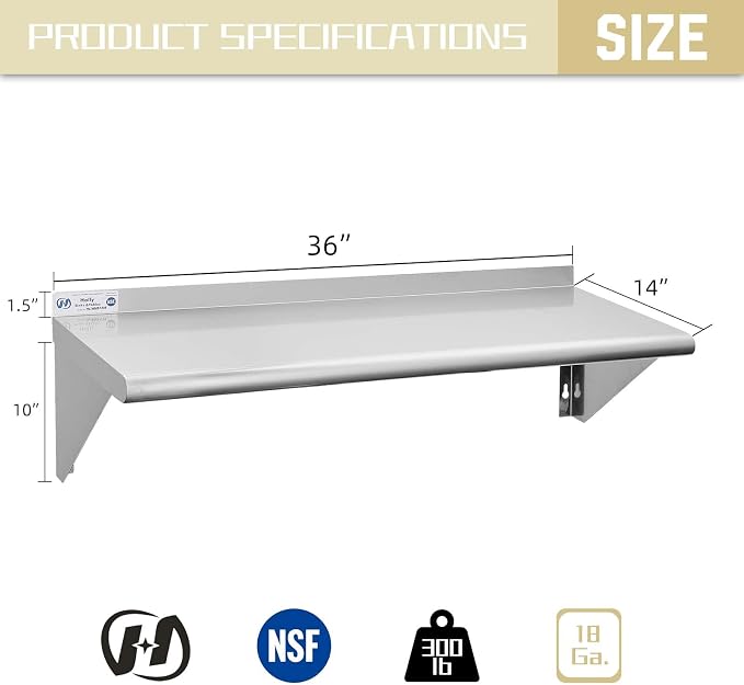Hally Stainless Steel Shelf 14 x 36 Inches, 300 lb, Commercial Wall Mount - Image 3