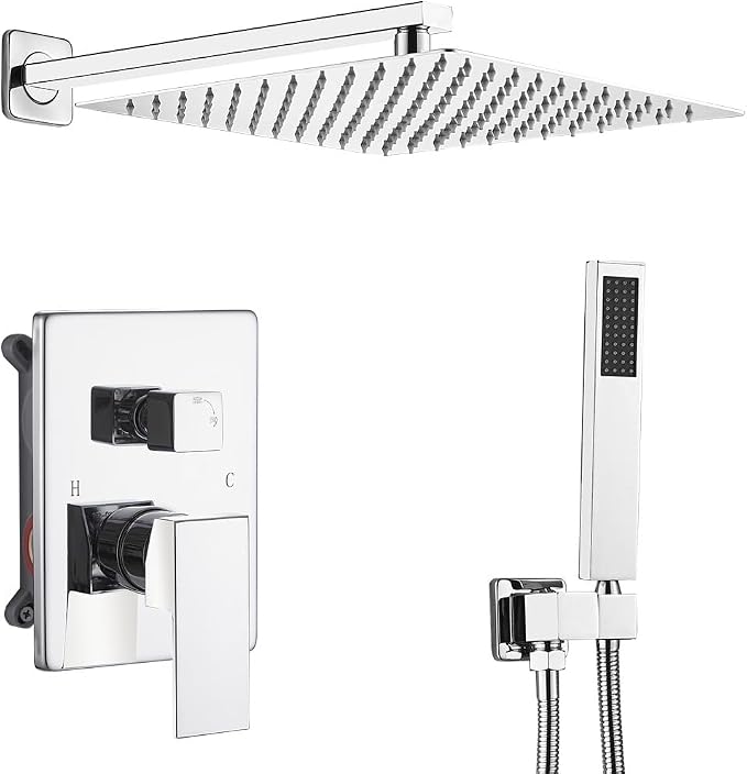Shower Faucet Set Polished Chrome Surface Large 12 Inch Shower Head Handheld by ANNAZOMBATHROOM