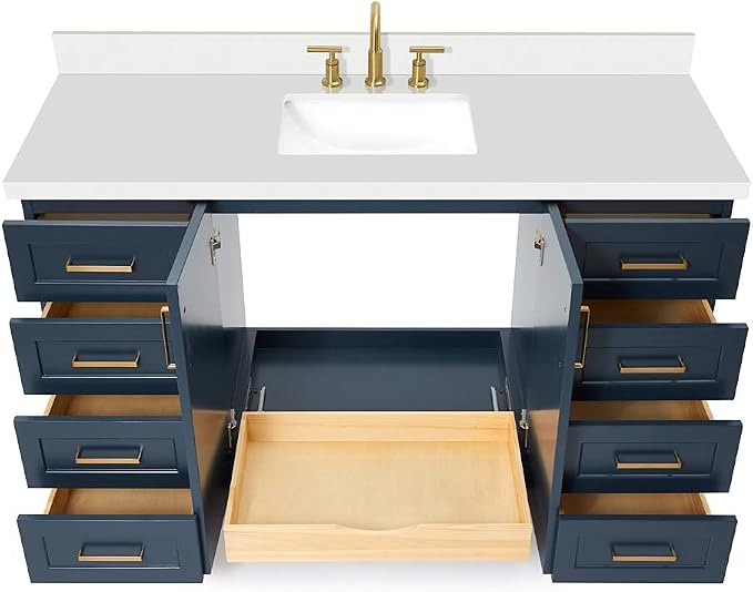 ARIEL 61" Midnight Blue Bathroom Vanity 1.5" Edge Pure White Quartz Countertop - Image 5