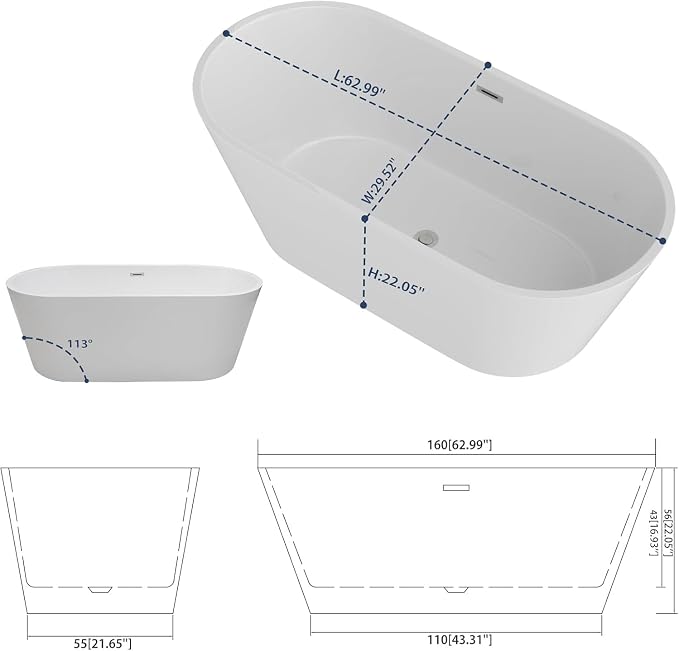 Sarlai 63 Inch Acrylic Freestanding Soaking Bathtub Contemporary Soaking White - Image 8