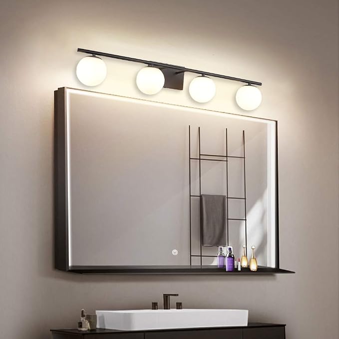 New Bathroom Vanity Light Fixtures Matte Black Milk White Globe Glass Shade 4 - Image 2