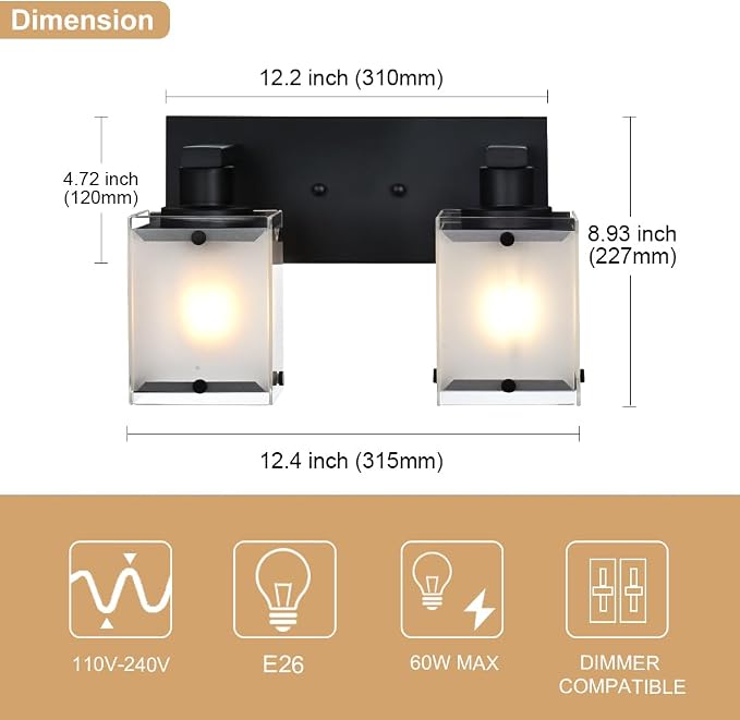 Black Wall Sconce Lighting, 2-Light Bathroom Vanity Light Fixture Wall Mount - Image 4