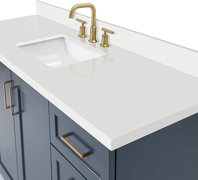 ARIEL 61" Midnight Blue Bathroom Vanity 1.5" Edge Pure White Quartz Countertop - Image 6