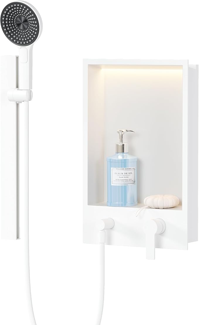 Shower Niche with Round Hand Shower, Sliding Bar and LED Light in Matte by Qeke