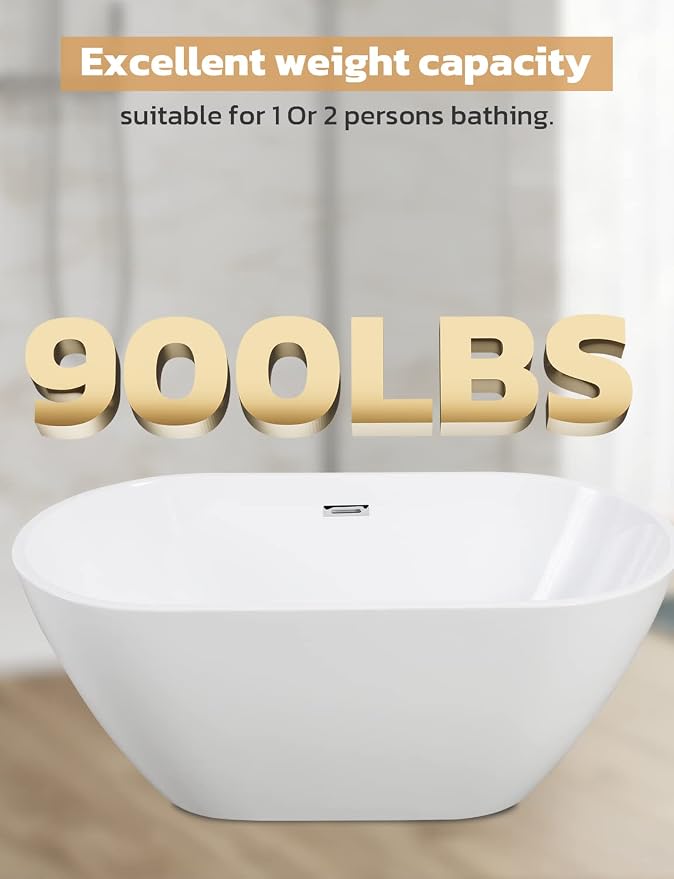 55" Sleek White Acrylic Freestanding Bathtub, Soaking Tub - Image 6