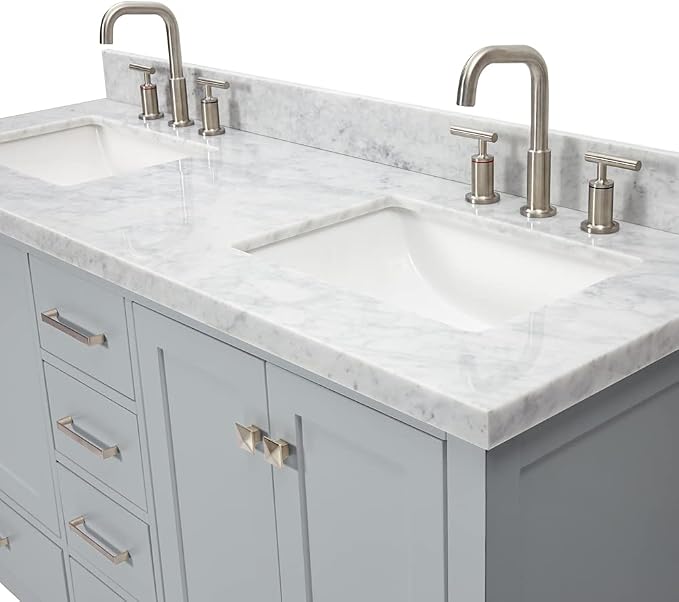 ARIEL Cambridge 61 Inch Grey Bathroom Vanity Double Sink, Solid Wood, Carrara - Image 7