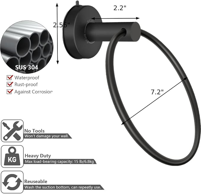 DGYB Suction Cup Towel Ring Matte Black Hand Towel Holder - Image 5