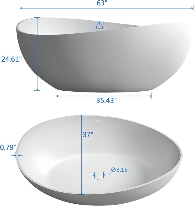 63'' Solid Surface Freestanding Bathtub Matte Soaking Bathtubs Tubs Oval Resin - Image 3