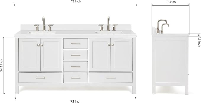 ARIEL Double Bathroom Vanity 73" White - Image 2