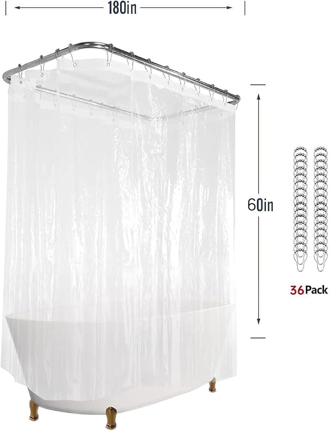 Clawfoot Tub Shower Curtain 180x60 Inch Clear Liner All Warp Around Extra Wide - Image 2