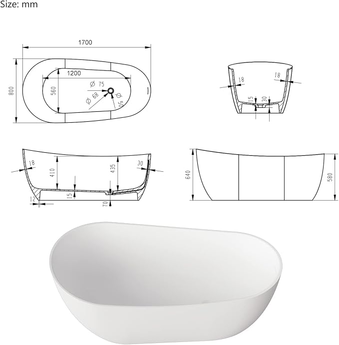 Cpingao Matte White Stone Resin Solid Surface Freestanding Bathtub, Modern - Image 5