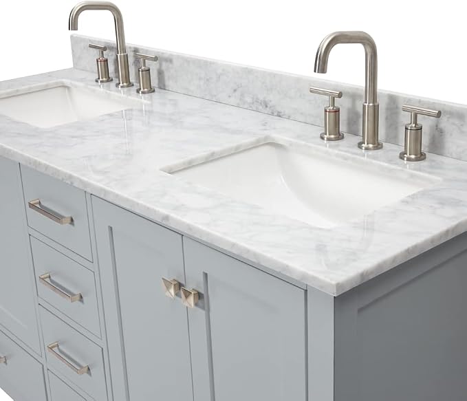 ARIEL Cambridge 61 Inch Grey Bathroom Vanity Double Sink, Solid Wood, Carrara - Image 6
