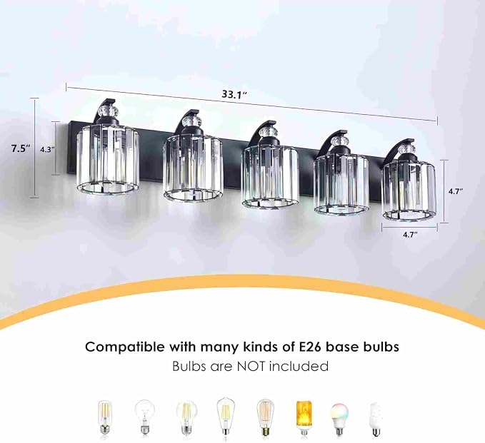 5-Light Black Bathroom Light Fixture Modern Vanity Lights Over Mirror Vintage - Image 4