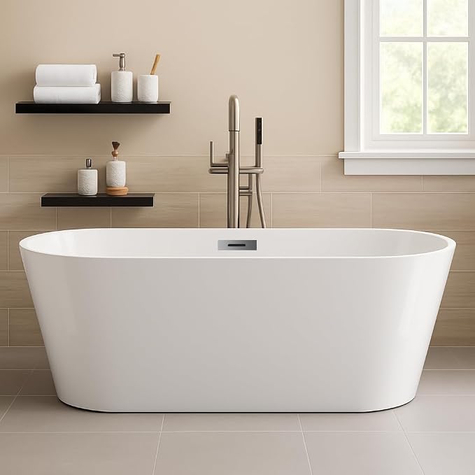 67 in Acrylic Freestanding Bathtub, Contemporary Stand Alone Tub, Glossy White - Image 7