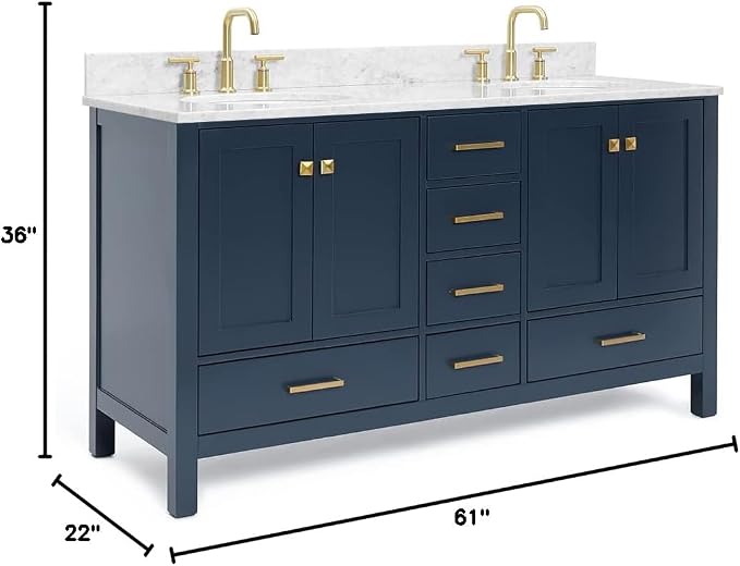 ARIEL Cambridge 61 Inch Midnight Blue Bathroom Vanity Double Sink, Solid Wood - Image 2