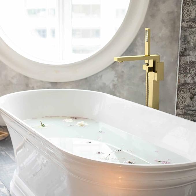 KIBI Cube Brushed Gold Freestanding Bathtub Faucet ‑ Floor‑Mounted Brass Tub - Image 2
