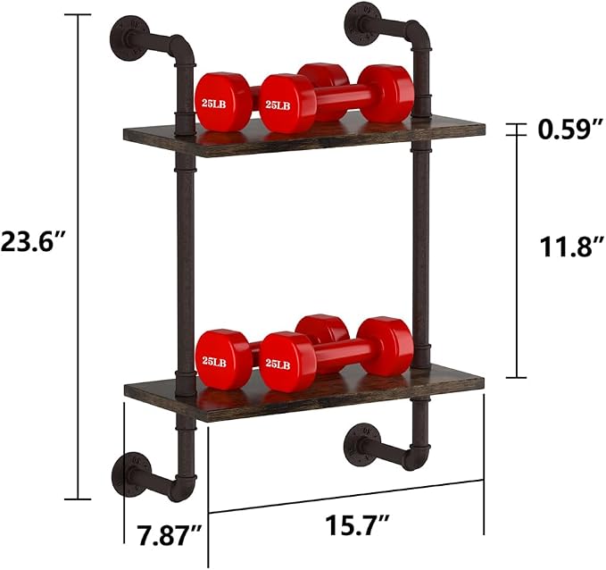Helsin 2 Tier Industrial Pipe Floating Bathroom Shelves, 16inch Rustic Wood - Image 3