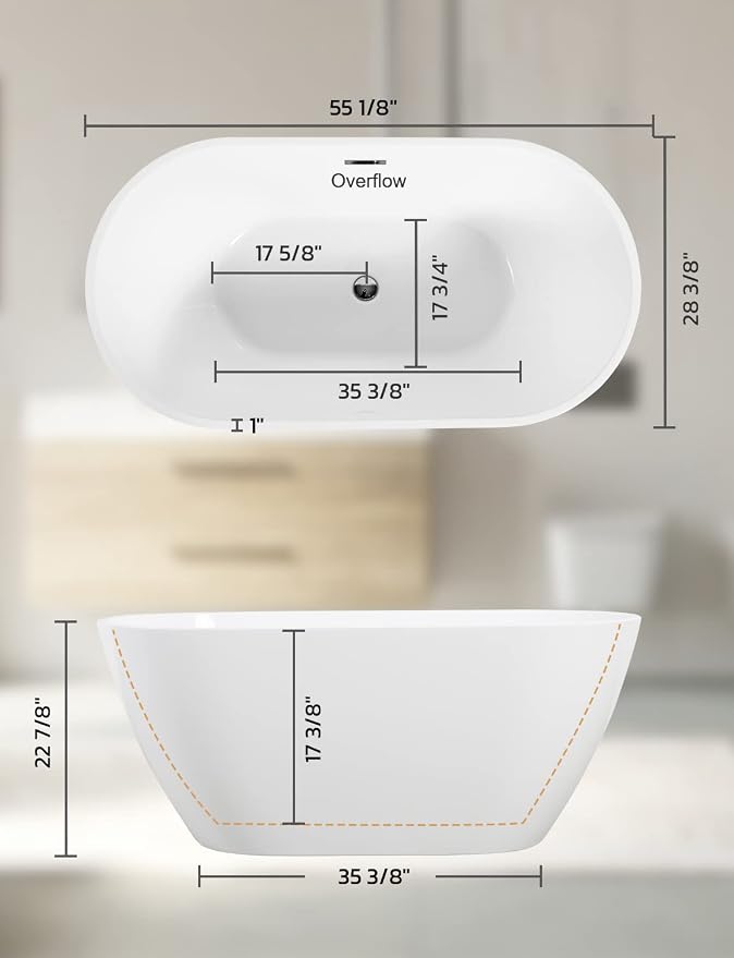 55" Sleek White Acrylic Freestanding Bathtub, Soaking Tub - Image 2