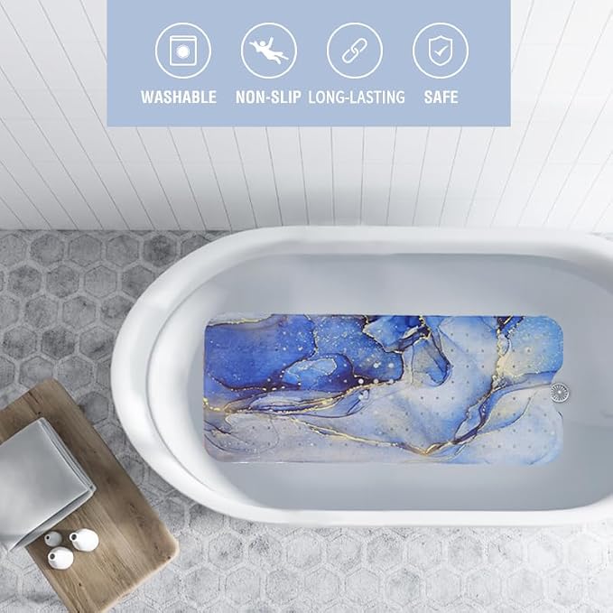 Blue Bathtub Mat Non Slip Marble Gold Line Extra Long Bath Mat - Image 2