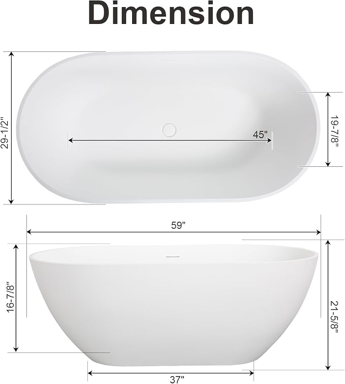59 Inch Solid Surface Freestanding Bathtub, Oval Shaped Soaking Stone Resin - Image 5