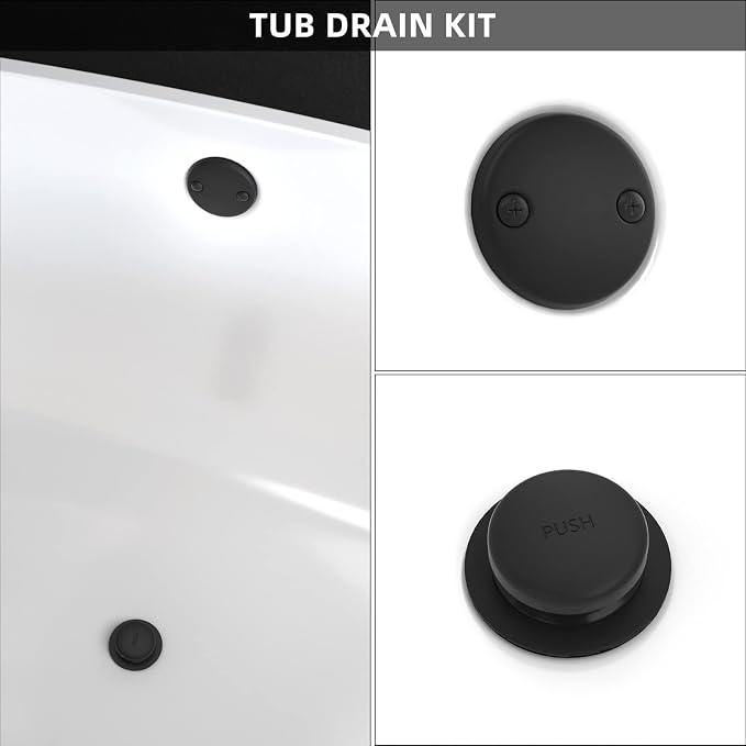 Matte Black Bath Tub Drain and Overflow Kit, Universal All Metal Tip-Toe - Image 2