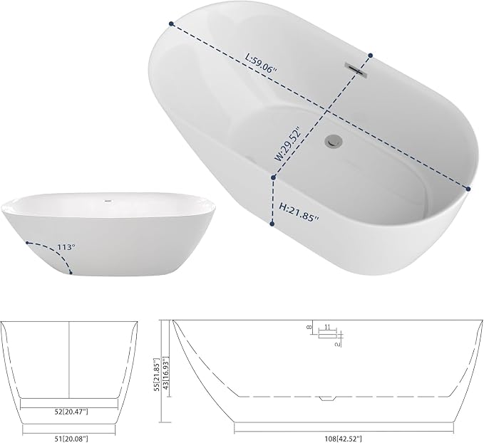 Sarlai 59 Inch Acrylic Freestanding Soaking Bathtub Contemporary Soaking White - Image 9