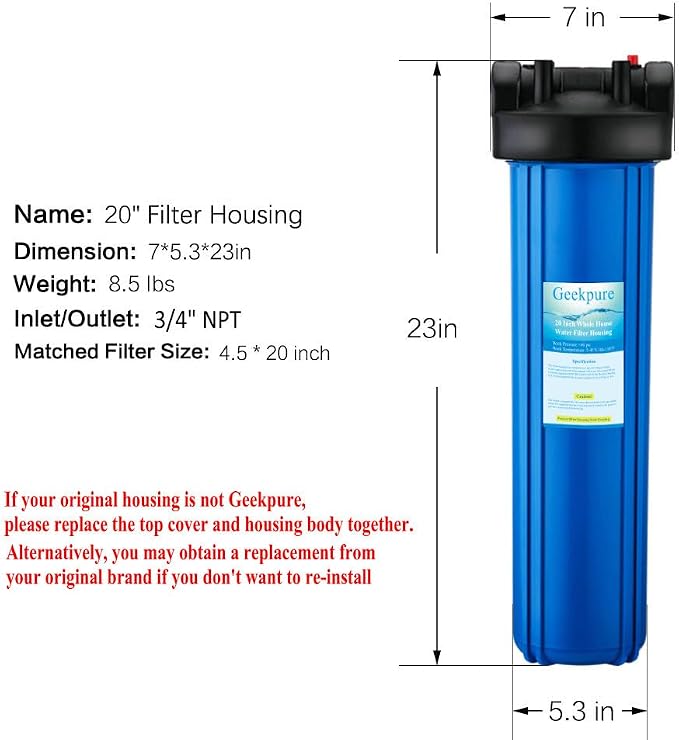 Geekpure 20 Inch Whole House Water Filter Housing 3/4" Port-Fit 4.5" x 20" - Image 4