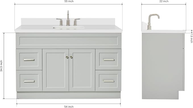 ARIEL 55" Grey Bathroom Vanity 1.5" Edge Pure White Quartz Countertop & Splash - Image 2