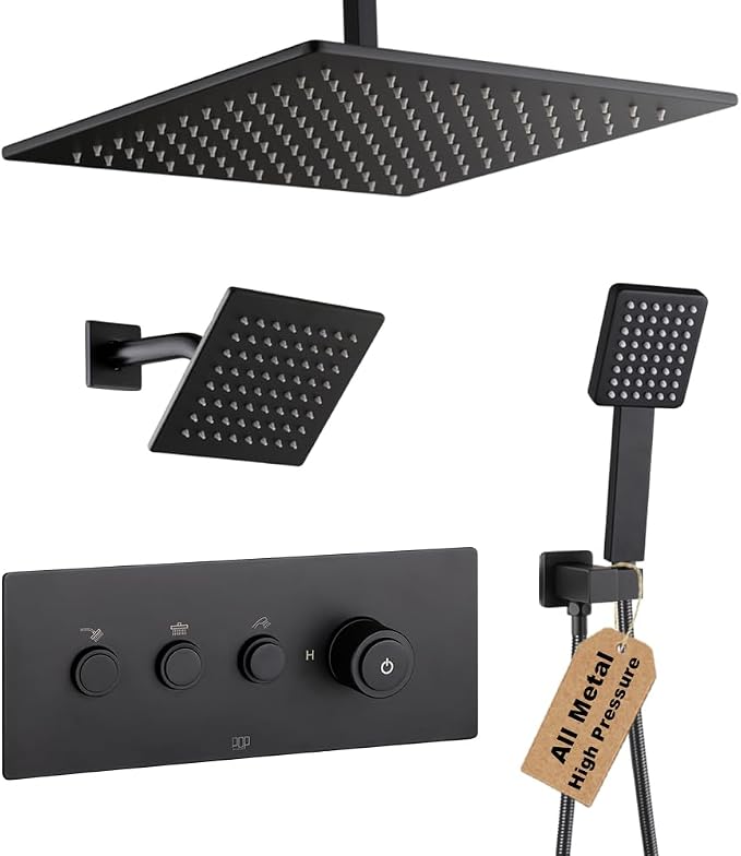 POP SANITARYWARE Matte Black Shower Faucet Set Bathroom Rainfall Shower System by POPSANITARYWARE