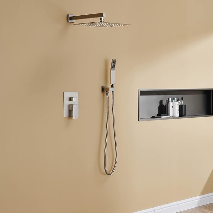 Rain Shower System 12 Inches Shower Combo Set Brushed Nickel Wall Mount Faucet - Image 7