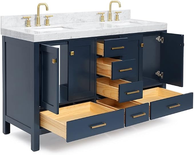 ARIEL Cambridge 60 Inch Midnight Blue Bathroom Vanity Double Sink, Solid Wood - Image 9