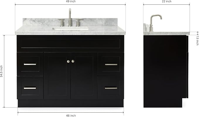 ARIEL 49" Black Bathroom Vanity, 1.5" Edge Italian Carrara Marble Countertop & - Image 2
