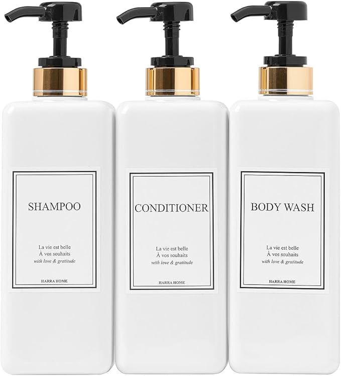 Modern Gold Design Pump Bottle Set 27 oz Refillable Shampoo and Conditioner by HARRA+HOME