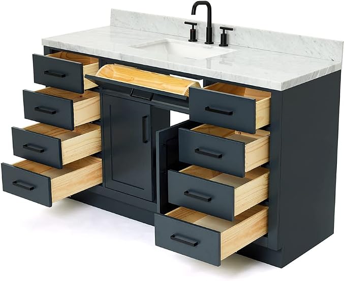 ARIEL Bathroom Vanity 61" Midnight Blue, 1.5" Edge Italian Carrara Marble - Image 5