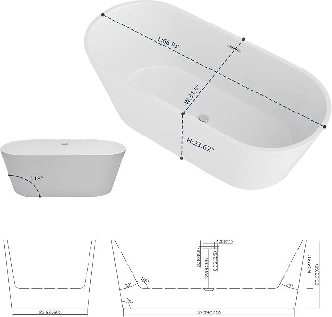 Sarlai 67 Inch Acrylic Freestanding Soaking Bathtub Contemporary Soaking White - Image 8