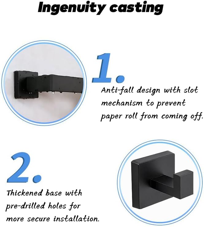 16-inch Black Towel Rack Set, SUS304 Stainless Steel Bathroom Wall-Mounted - Image 5