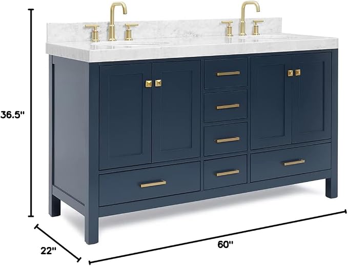 ARIEL Cambridge 60 Inch Midnight Blue Bathroom Vanity Double Sink, Solid Wood - Image 3