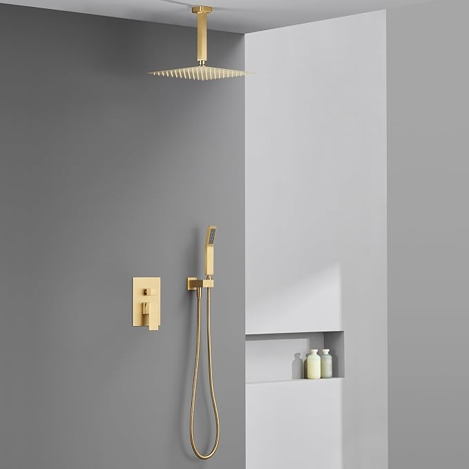 Shower System 12 Inches Rain Shower Combo Set Brushed Gold Ceiling Mount Shower - Image 8