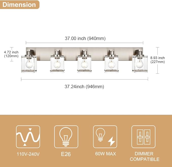 5-Lights Brushed Nickel Bathroom Wall Light - Image 3