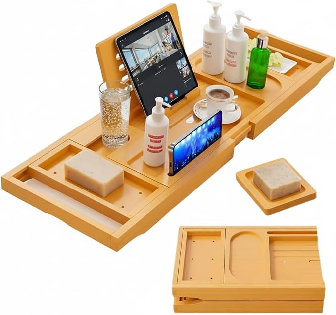 Bamboo Bathtub Caddy Tray Expandable & Foldable Bath Shelf by Unknown