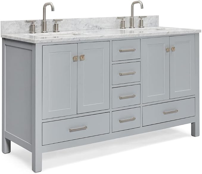 ARIEL Cambridge 61 Inch Grey Bathroom Vanity Double Sink, Solid Wood, Carrara - Image 7