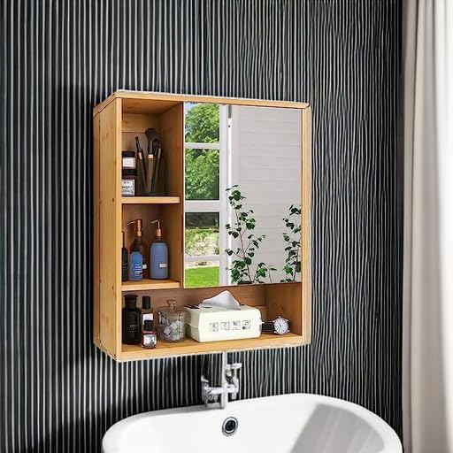 SMIBUY Bathroom Mirror Cabinet Wall Mounted, Bamboo Space Saver Medicine Cabinet - Image 5